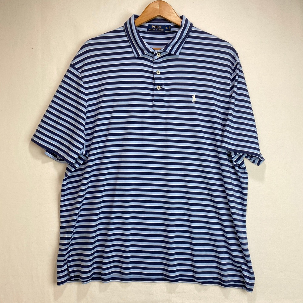 Polo Ralph Lauren Mens sz XL Blue Striped Short Sleeve Polo Shirt Pony Logo Cozy - Picture 2 of 7